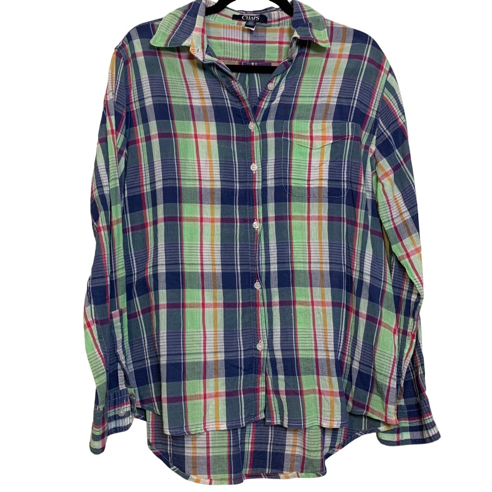 Chaps Denim Womens Large Plaid Button Down Shirt Green Blue Cotton Long Sleeve